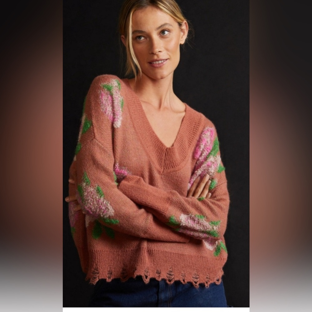 Anthropologie Drop Shoulder Floral Knit V-neck distressed Sweater